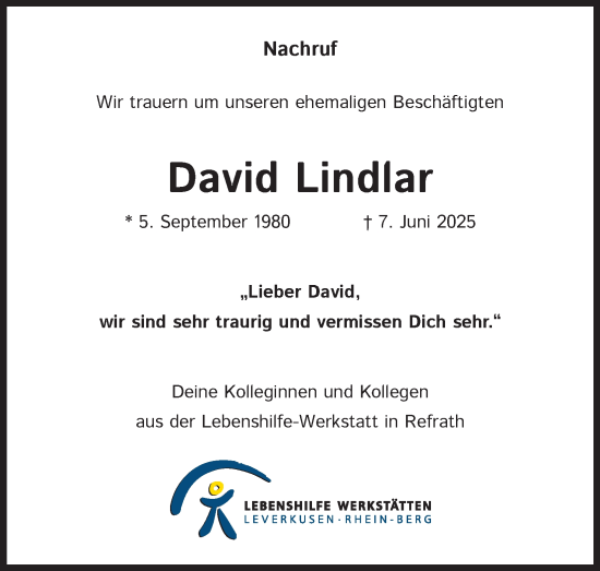 Anzeige von David Lindlar von Kölner Stadt-Anzeiger / Kölnische Rundschau / Express