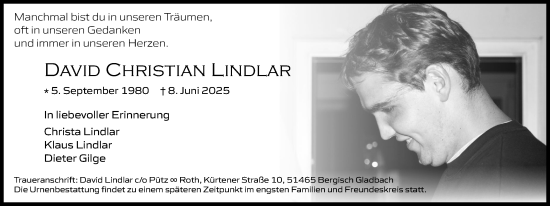 Anzeige von David Christian Lindlar von Kölner Stadt-Anzeiger / Kölnische Rundschau / Express