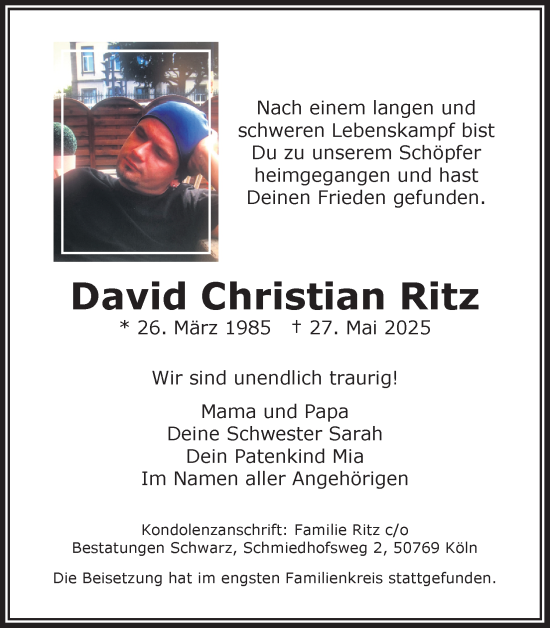 Anzeige von David Christian Ritz von Kölner Stadt-Anzeiger / Kölnische Rundschau / Express