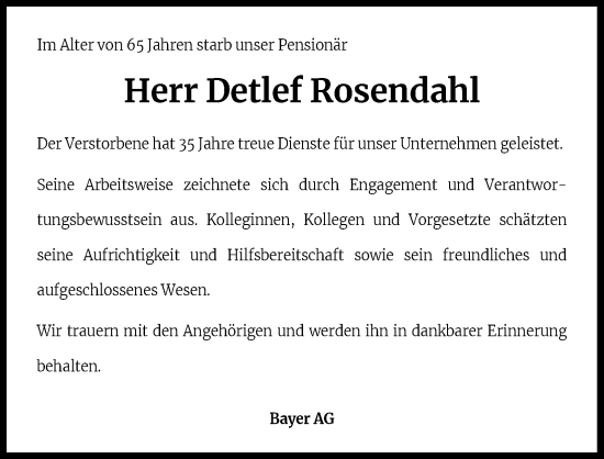 Anzeige von Detlef Rosendahl von Kölner Stadt-Anzeiger / Kölnische Rundschau / Express