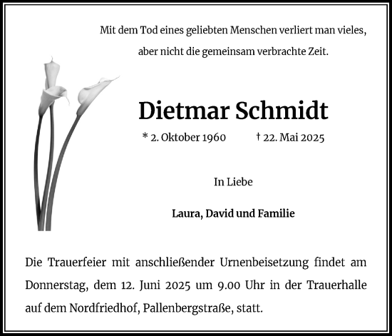 Anzeige von Dietmar Schmidt von Kölner Stadt-Anzeiger / Kölnische Rundschau / Express
