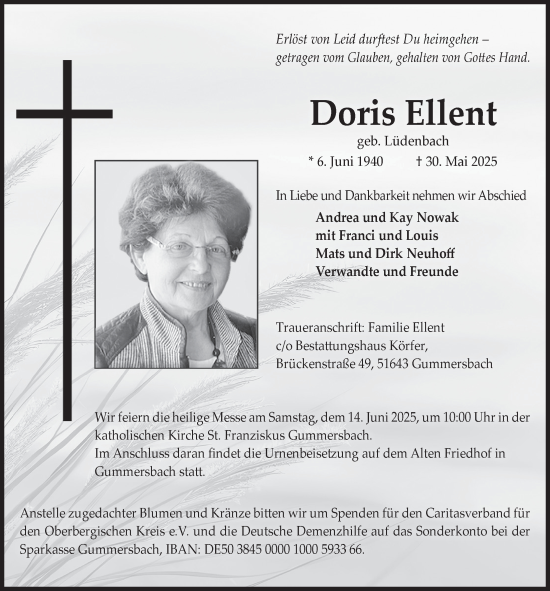 Anzeige von Doris Ellent von  Anzeigen Echo 