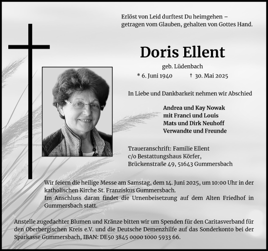 Anzeige von Doris Ellent von Kölner Stadt-Anzeiger / Kölnische Rundschau / Express