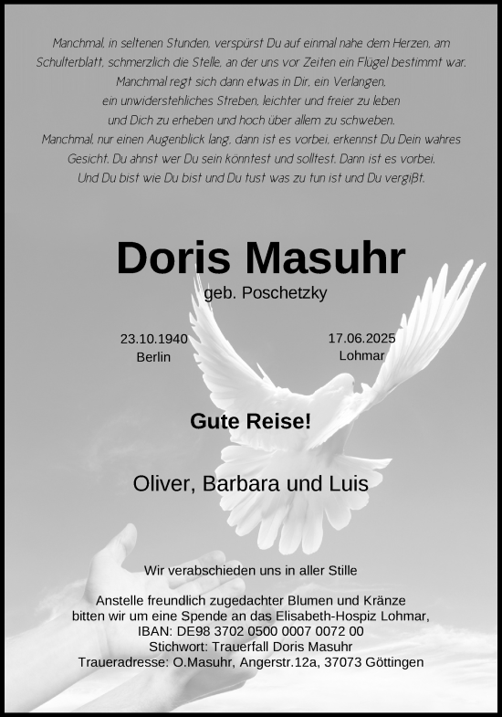 Anzeige von Doris Masuhr von Kölner Stadt-Anzeiger / Kölnische Rundschau / Express