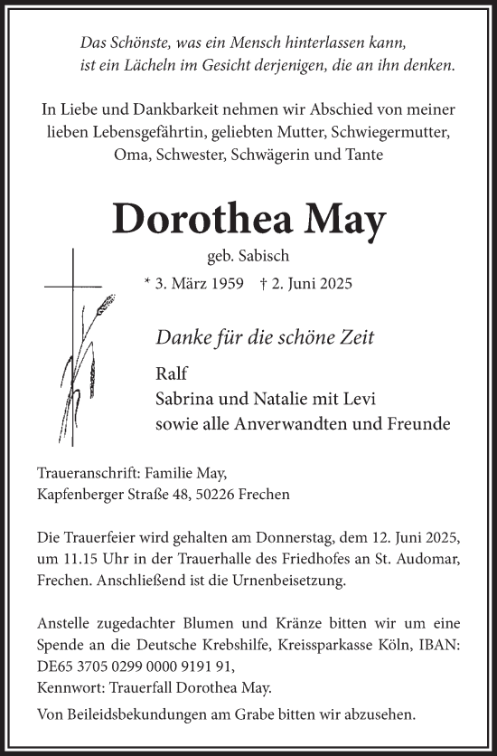Anzeige von Dorothea May von  Wochenende 