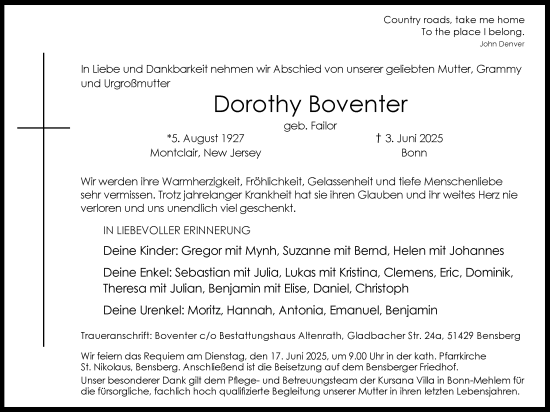 Anzeige von Dorothy Boventer von Kölner Stadt-Anzeiger / Kölnische Rundschau / Express