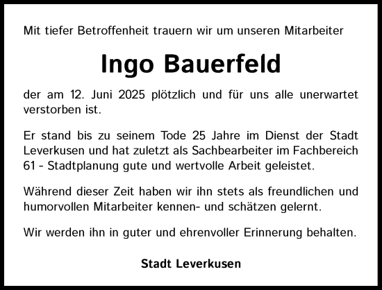 Anzeige von Ingo Bauerfeld von Kölner Stadt-Anzeiger / Kölnische Rundschau / Express