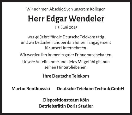 Anzeige von Edgar Wendeler von  Anzeigen Echo 