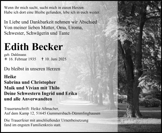 Anzeige von Edith Becker von  Anzeigen Echo 