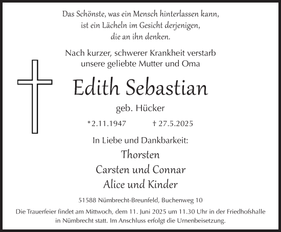 Anzeige von Edith Sebastian von  Lokalanzeiger 