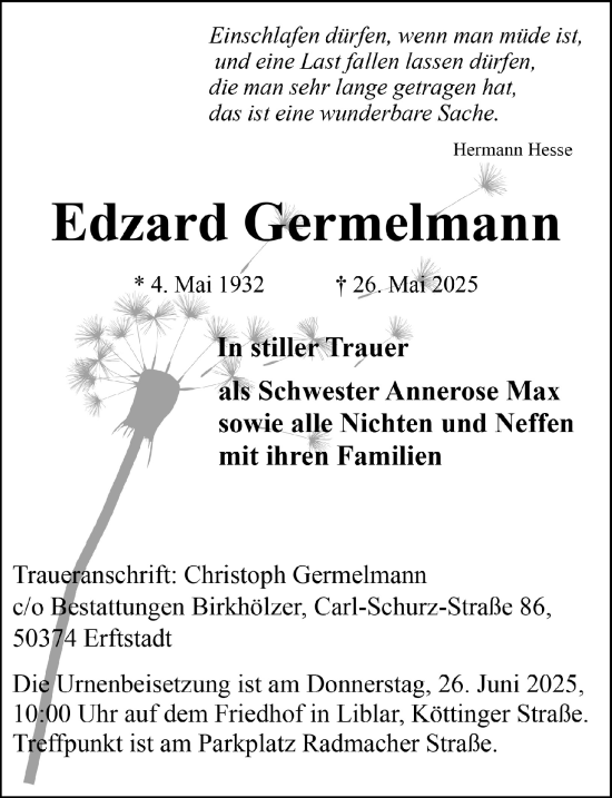 Anzeige von Edzard Germelmann von  Werbepost 
