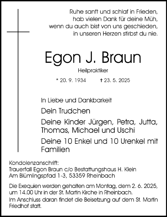 Anzeige von Egon Braun von  Schaufenster/Blickpunkt 