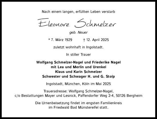 Anzeige von Eleonore Schmelzer von Kölner Stadt-Anzeiger / Kölnische Rundschau / Express