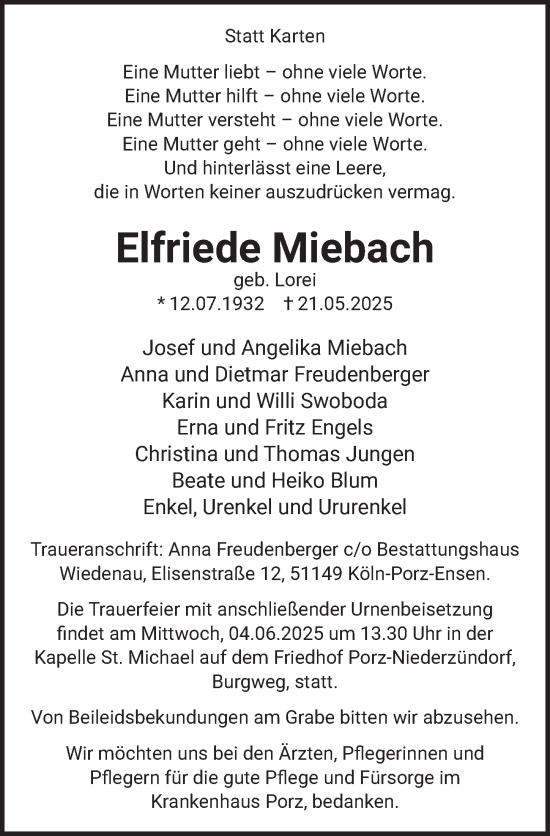 Anzeige von Elfriede Miebach von  EXPRESS - Die Woche 