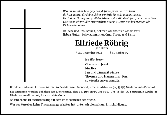 Anzeige von Elfriede Röhrig von Kölner Stadt-Anzeiger / Kölnische Rundschau / Express