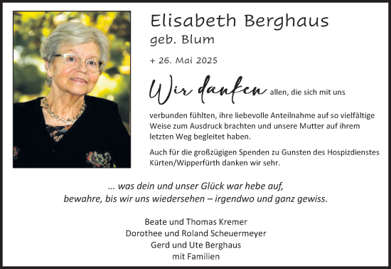 Anzeige von Elisabeth Berghaus von Kölner Stadt-Anzeiger / Kölnische Rundschau / Express