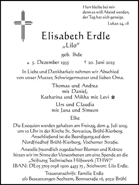 Anzeige von Elisabeth Erdle von Kölner Stadt-Anzeiger / Kölnische Rundschau / Express