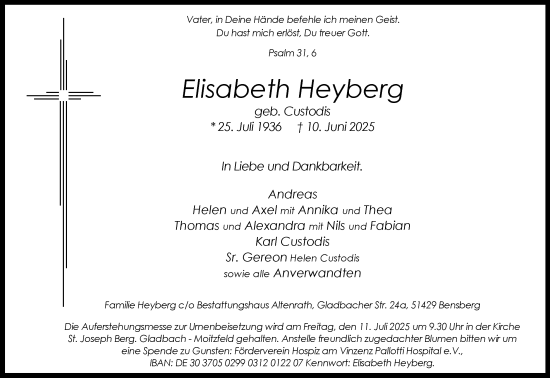 Anzeige von Elisabeth Heyberg von Kölner Stadt-Anzeiger / Kölnische Rundschau / Express