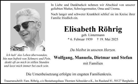 Anzeige von Elisabeth Röhrig von  Werbepost 