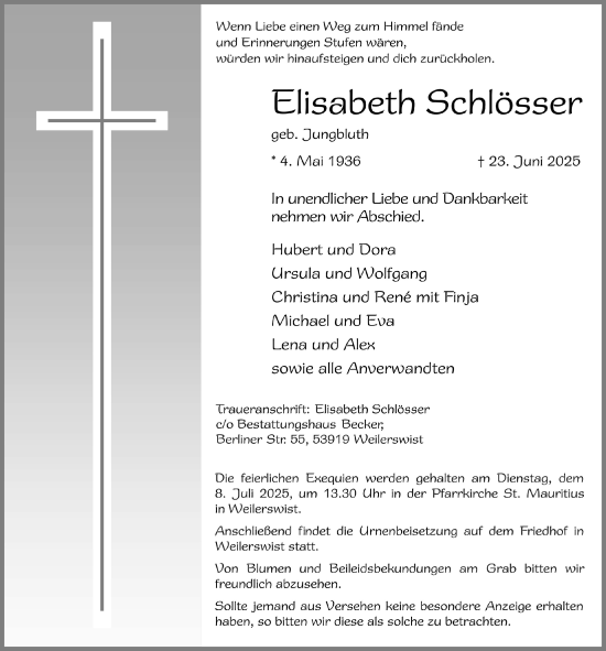 Anzeige von Elisabeth Schlösser von  Blickpunkt Euskirchen 
