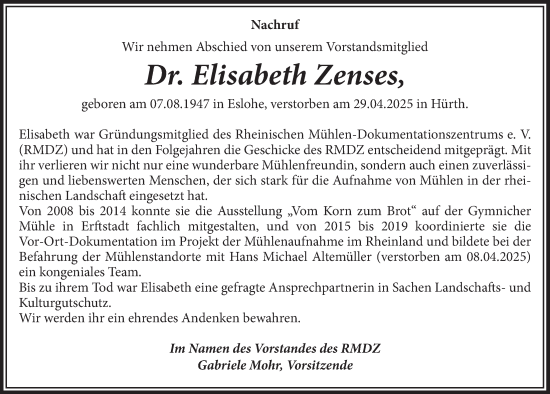 Anzeige von Elisabeth Zenses von  Wochenende 