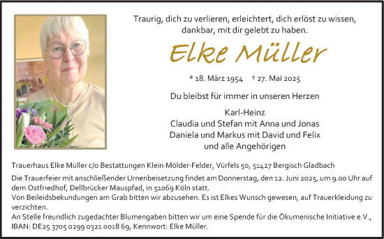 Anzeige von Elke Müller von Kölner Stadt-Anzeiger / Kölnische Rundschau / Express