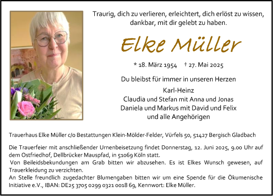 Anzeige von Elke Müller von  Bergisches Handelsblatt 