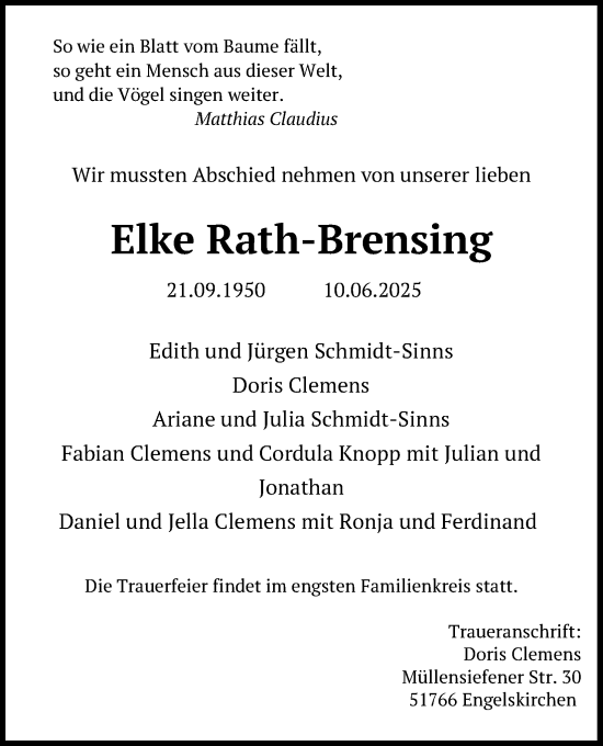 Anzeige von Elke Rath-Brensing von Kölner Stadt-Anzeiger / Kölnische Rundschau / Express