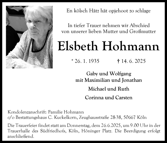 Anzeige von Elsbeth Hohmann von Kölner Stadt-Anzeiger / Kölnische Rundschau / Express