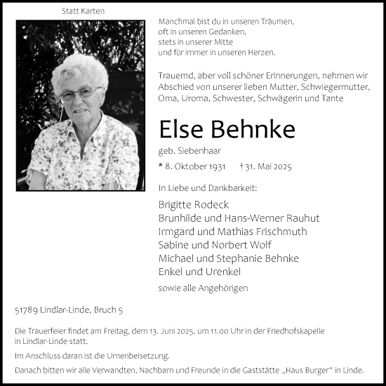 Anzeige von Else Behnke von Kölner Stadt-Anzeiger / Kölnische Rundschau / Express