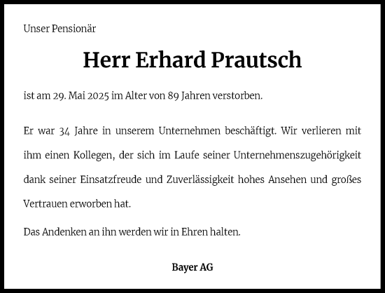 Anzeige von Erhard Prautsch von Kölner Stadt-Anzeiger / Kölnische Rundschau / Express
