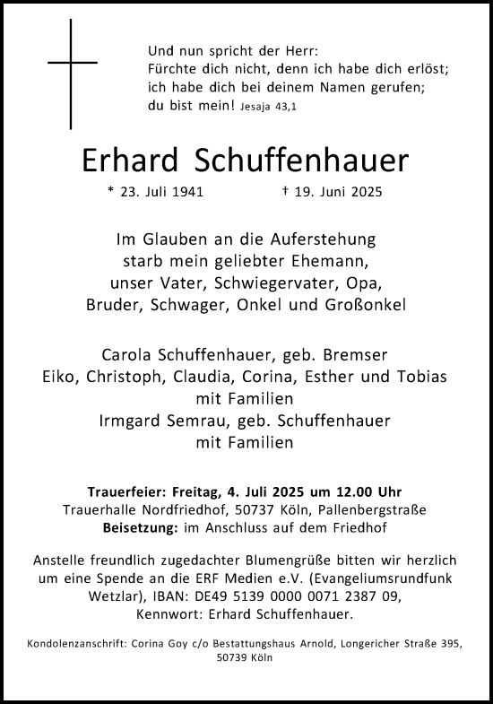 Anzeige von Erhard Schuffenhauer von Kölner Stadt-Anzeiger / Kölnische Rundschau / Express