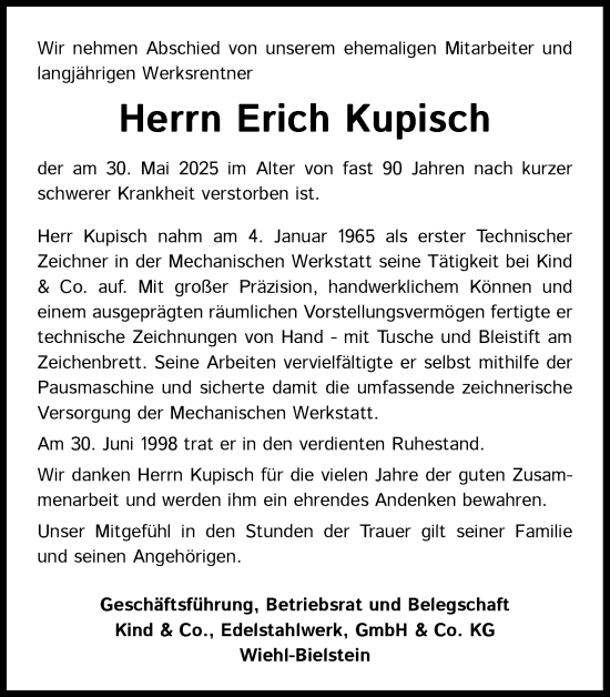 Anzeige von Erich Kupisch von Kölner Stadt-Anzeiger / Kölnische Rundschau / Express