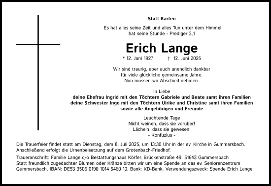 Anzeige von Erich Lange von Kölner Stadt-Anzeiger / Kölnische Rundschau / Express