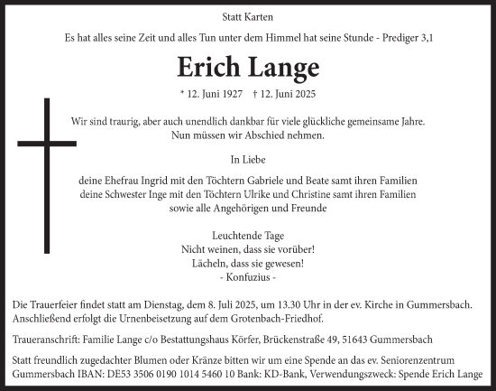 Anzeige von Erich Lange von  Anzeigen Echo 
