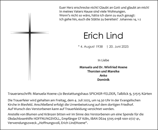 Anzeige von Erich Lind von  Bergisches Handelsblatt 