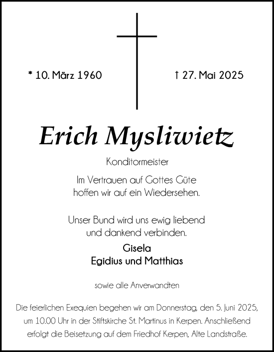 Anzeige von Erich Mysliwieiz von Kölner Stadt-Anzeiger / Kölnische Rundschau / Express