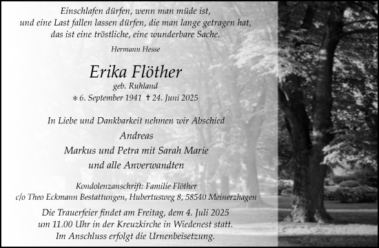 Anzeige von Erika Flöther von Kölner Stadt-Anzeiger / Kölnische Rundschau / Express