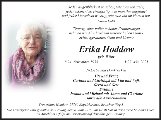 Anzeige von Erika Hoddow von Kölner Stadt-Anzeiger / Kölnische Rundschau / Express