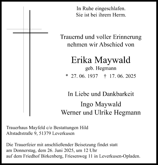 Anzeige von Erika Maywald von Kölner Stadt-Anzeiger / Kölnische Rundschau / Express