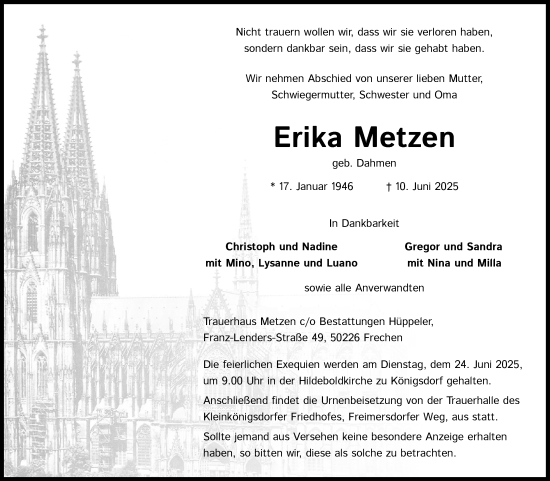 Anzeige von Erika Metzen von Kölner Stadt-Anzeiger / Kölnische Rundschau / Express