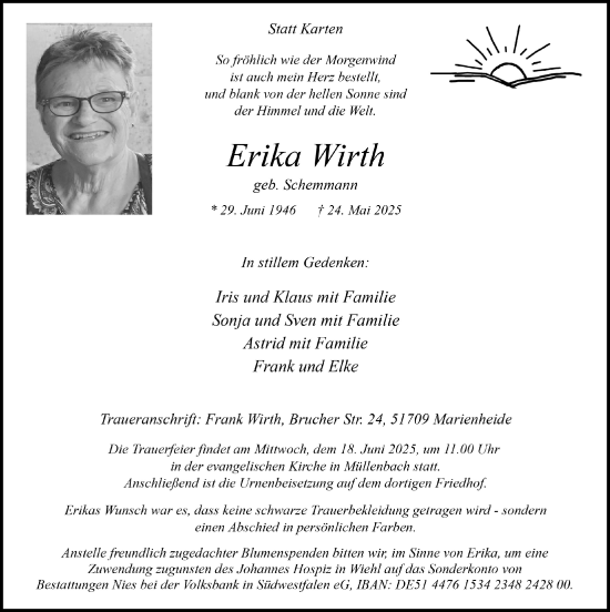 Anzeige von Erika Wirth von  Anzeigen Echo 