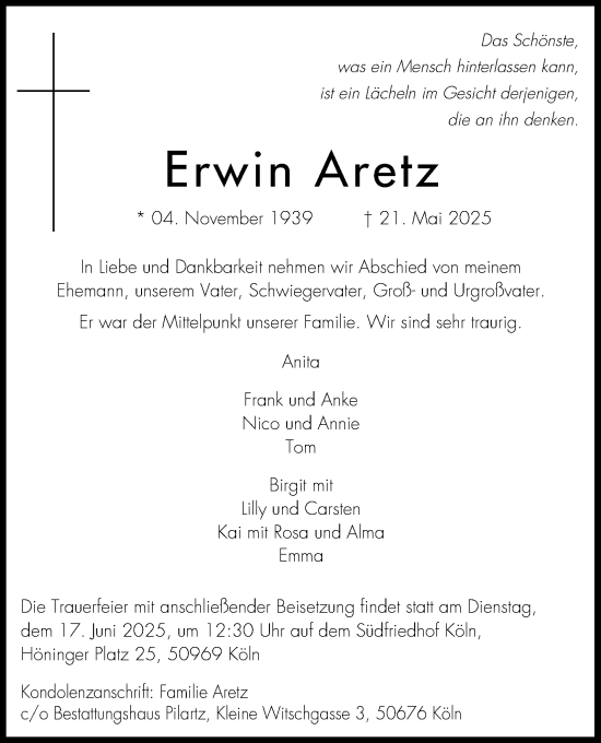 Anzeige von Erwin Aretz von Kölner Stadt-Anzeiger / Kölnische Rundschau / Express