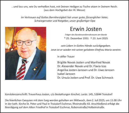 Anzeige von Erwin Josten von Kölner Stadt-Anzeiger / Kölnische Rundschau / Express