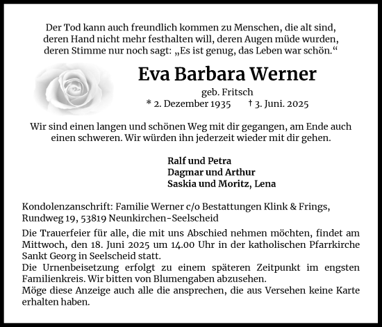 Anzeige von Eva Barbara Werner von Kölner Stadt-Anzeiger / Kölnische Rundschau / Express