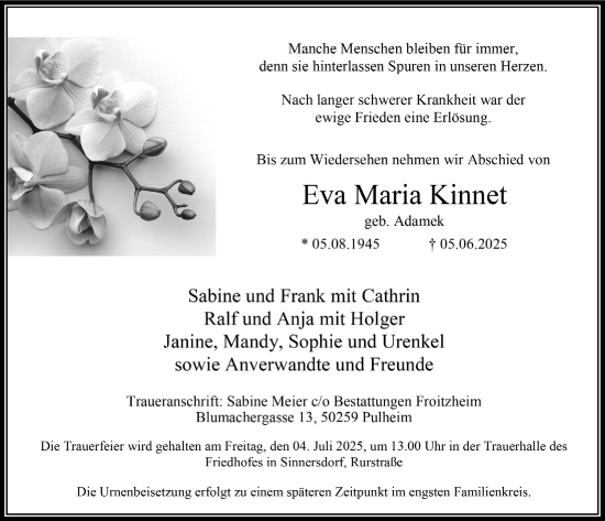 Anzeige von Eva Maria Kinnet von  Wochenende 