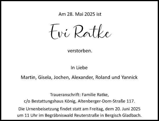Anzeige von Evi Ratke von Kölner Stadt-Anzeiger / Kölnische Rundschau / Express