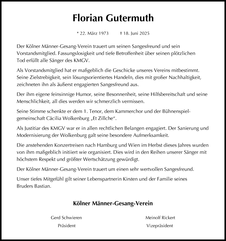  Traueranzeige für Florian Gutermuth vom 28.06.2025 aus Kölner Stadt-Anzeiger / Kölnische Rundschau / Express