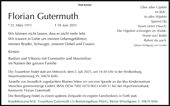 Anzeige von Florian Gutermuth von Kölner Stadt-Anzeiger / Kölnische Rundschau / Express