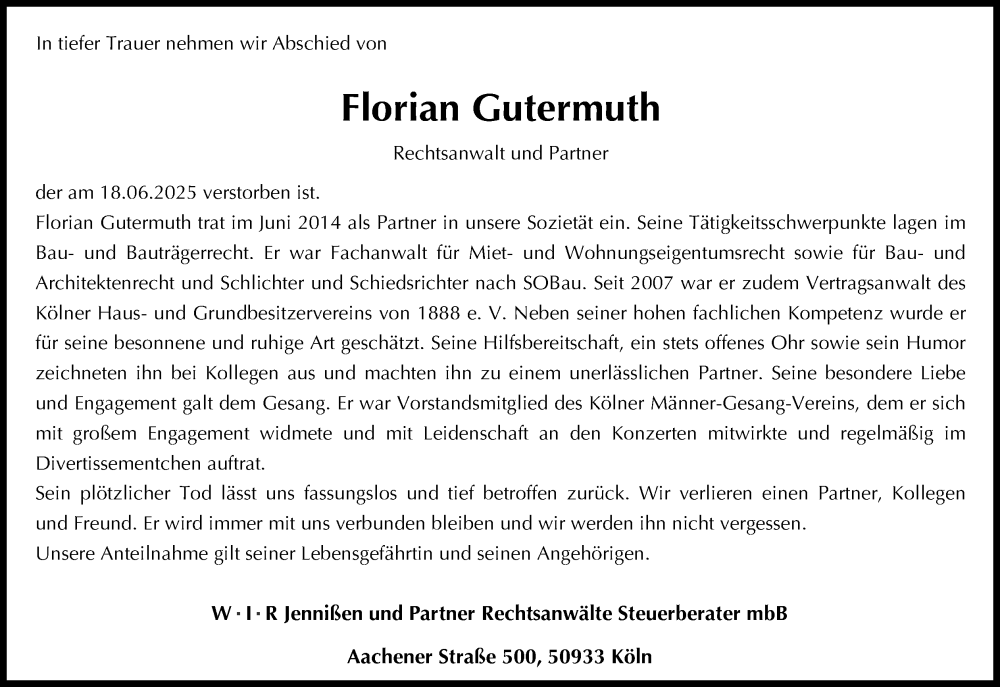  Traueranzeige für Florian Gutermuth vom 28.06.2025 aus Kölner Stadt-Anzeiger / Kölnische Rundschau / Express